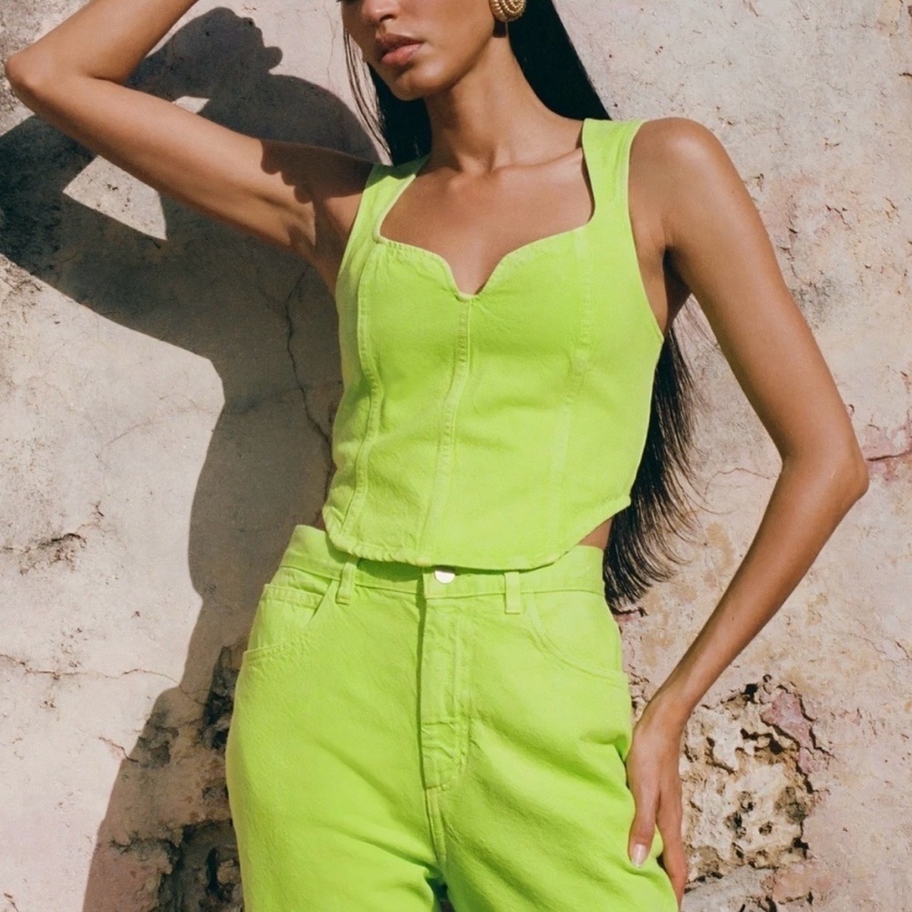 Mara Hoffman Cropped Corset Milla Denim Top Neon Green Women’s Size 0